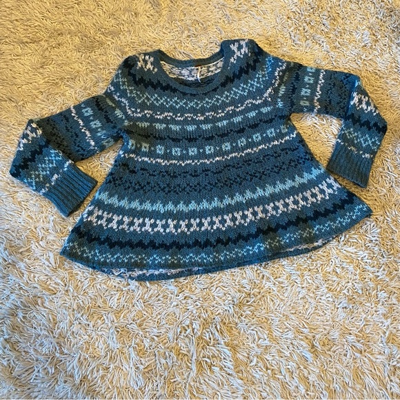 Free People Through the Storm Chunky Knit Blue Fair Isle Sweater, wool blend, L - Picture 2 of 16